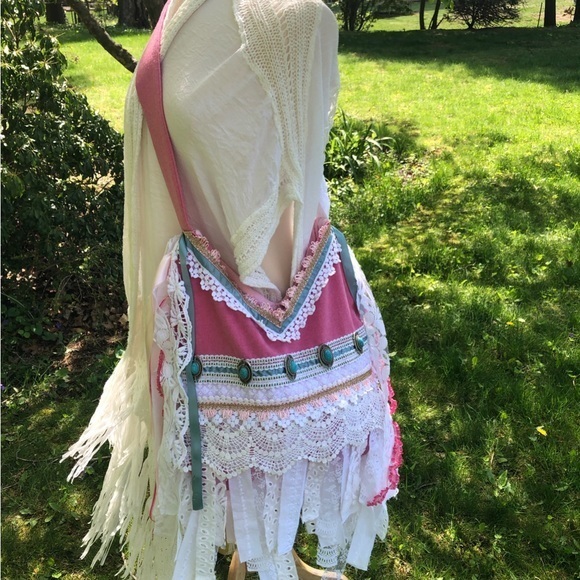 Handmade boho Vintage Wool Cotton PinkWhite & Teal Bag w/ribbon & lace fringe